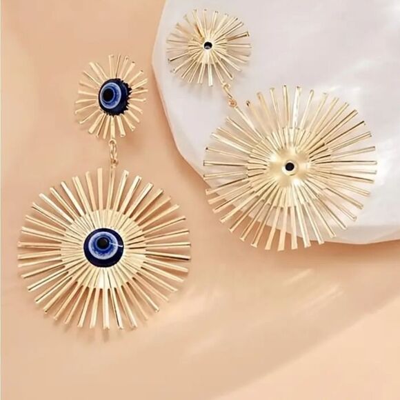 Dazzling Devil Eye Dangle Earrings Stainless Steel Gold Tone - Picture 9 of 12